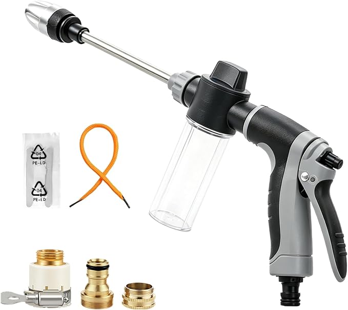High Pressure Hose Nozzle, Pressure Washer Gun with 360° Rotating Head, Heavy Duty Adjustable Twist Hose Nozzle Jet Sweeper Nozzle for 3/4" Garden Hose, Power Washer for Car Yard Patio Pet Washing (A)
