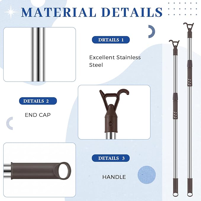 Reallnaive 1 Pack Telescoping Skylight Pole with Hook 47 to 98 Inch Wand for Blinds Tension Rod Blinds Shades Stainless Steel Adjustable Curtain Pull Wand for Skylight Cordless Window (Brown)