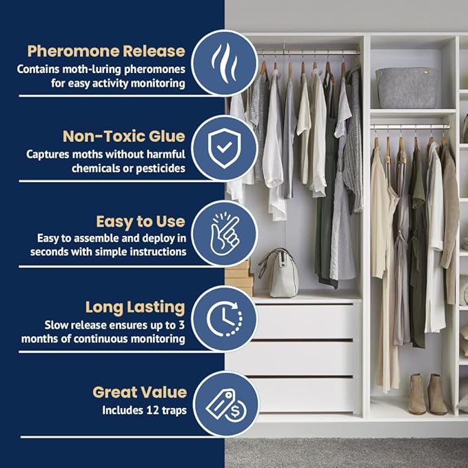 Moth Traps for Wardrobes 12 Pack, Clothes Moth Killer with Pheromone, Clothes Carpet Protection Repellent, Sticky Paper Traps for Moths Treatment by Felyne