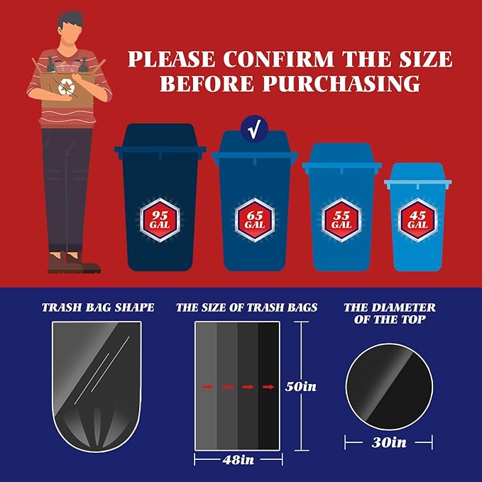Teivio Large Black Trash Bags 64-65 Gallon 32 Counts Industrial Sturdy Garbage Bags, Extra Large Lawn and Leaf Bags Outdoor Commercial Trash Can Liner for Construction Sites, Workshops, Backyard