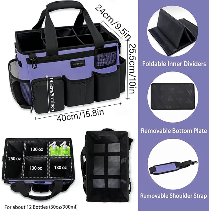 Wearable Cleaning Caddy Bag,Cleaning Supply Tote for Cleaning Supplies, Cleaning Organizer with Adjustable Shoulder and Waist Straps for Cleaners & Housekeepers (Purple and Black, Large)