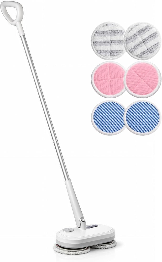 GOBOT Cordless Electric Spin Mop - Lightweight Powerful Cleaner for Hardwood, Tile, Laminate & Vinyl Floors with 6 Washable Pads (White, Blue, Red)