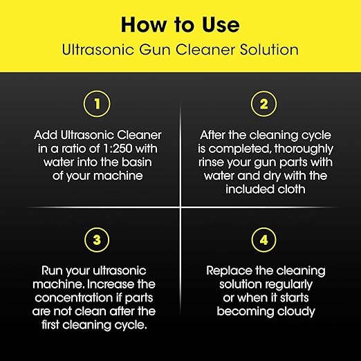 Ultrasonic Gun Cleaner Solution Concentrate + Free Cleaning Cloth | Makes 50 Gal. | Made in The USA | Gun Parts Cleaner for All Ultrasonic Machines | Highly Concentrated Firearm Cleaning Liquid