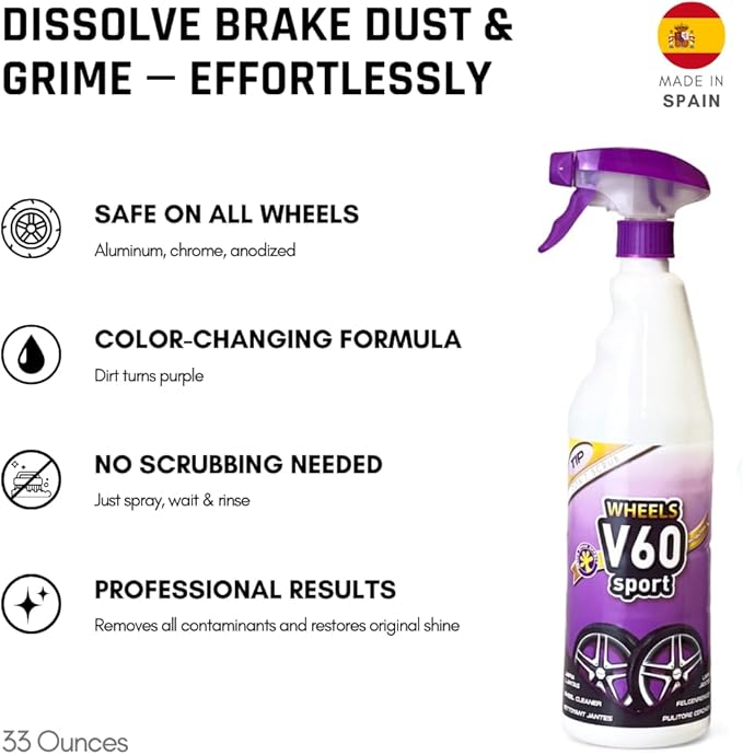 Sisbrill V60 Sport Wheel and Tire Cleaner Spray – pH Neutral Car Wheel Cleaner, Gecko Spray Effect, Safe Brake Dust Remover – 33 fl oz