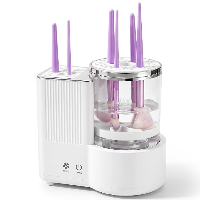 Makeup Brush Cleaner and Dryer Machine, 2-in-1 Electric Brush Cleaner with 360° Dual Rotation, Wet-Dry Separation, Multi-Brush Holder for All Size Makeup Brushes, 5-Min Fast Clean & 1/2H Timed Dry
