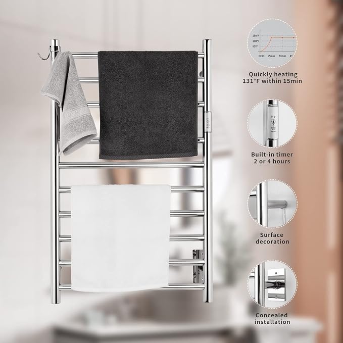 Wall Mounted Towel Warmer 10 Bars with Plug-in and Hardwired Options 3 Working Modes Mirror Polished Stainless Steel 21”W 34”H