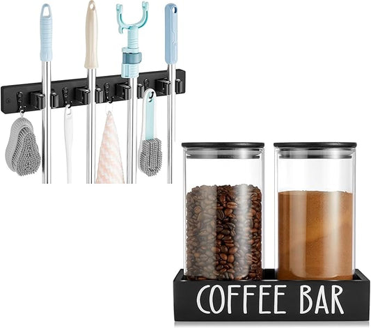 OUTNILI Black Broom Holder and Coffee Container Set Bundle