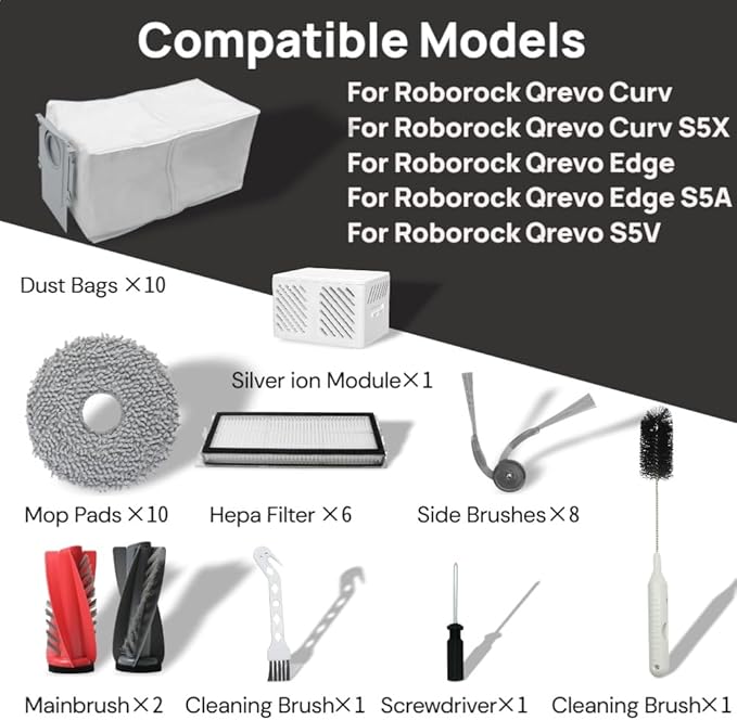 40 Pack Replacement Accessories for Roborock Qrevo Curv/Curv S5X/Edge/S5V Robot Vacuum Cleaner ,2 Pairs Mainbrush ,6 Filters ,10 Dust Bags,10 Mop Pads ,8 Side Brushes,2 Cleaning Brush,1 Screwdriver