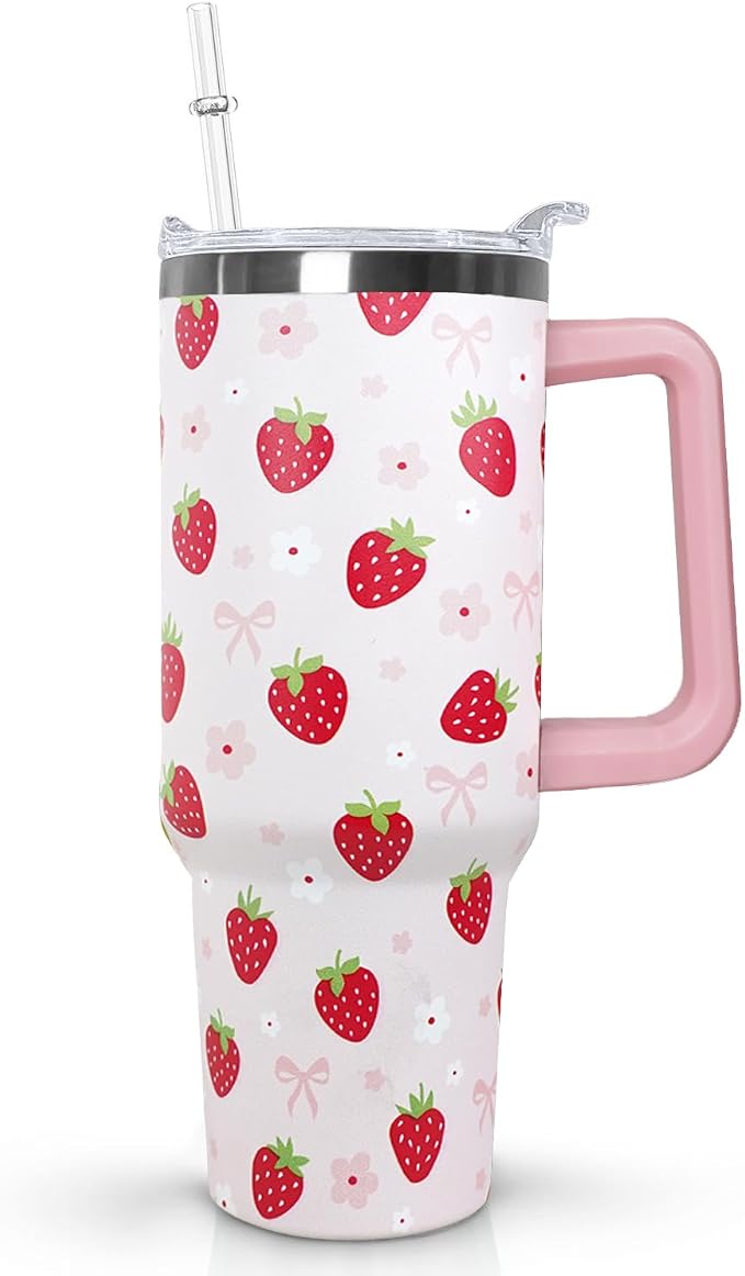 Ceovfoi 40oz Strawberry Tumbler With Handle Lid and Straw,Strawberry Floral Coffee Mug Cup Water Bottles,Strawberry Themed Gifts for Women,Strawberry Decor Stuff Accessories