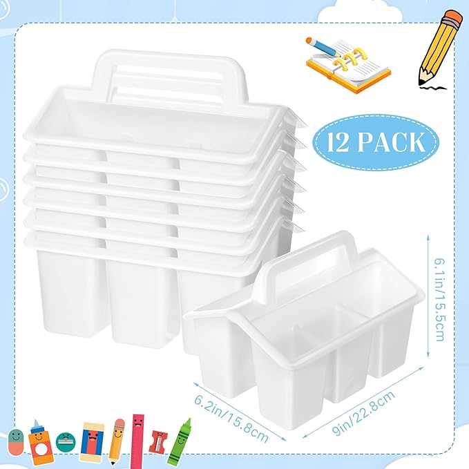 WILLBOND 12 Pcs Classroom Storage Caddies Stackable Utility Caddies with 4 Compartment Plastic Caddy with Handle Portable Storage Bins Organizers for Kids Schools Art Craft Supplies(White)