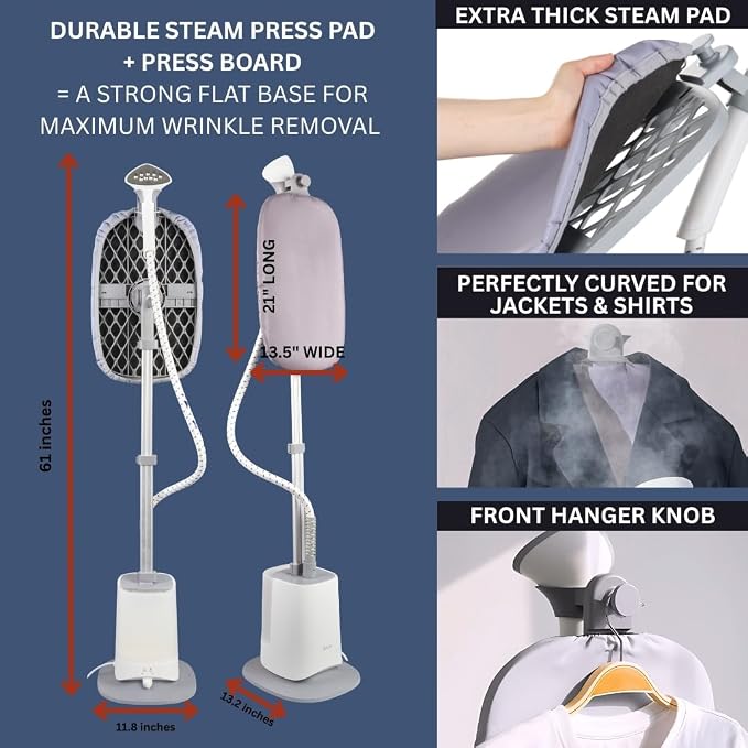SALAV Standing Garment Steamer w/Smart Auto-Off, 1500W Powerful Steam, Adjustable Ironing Board, 6 Steam Settings for Various Fabric Types, LED Display, Fast Wrinkle Removal for Home & Business Use