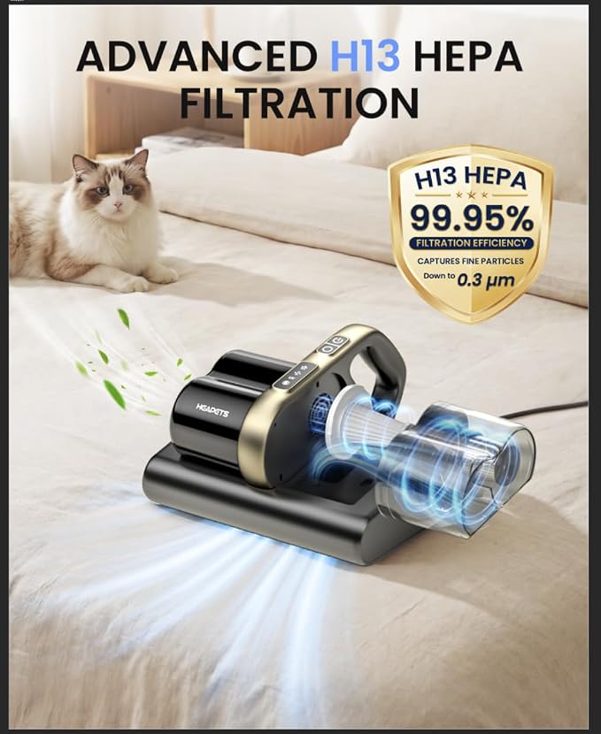 HEAPETS Mattress Vacuum Cleaner, 16Kpa Bed Vacuum with 275nm UV-C Light & 149℉ Heat & Ultrasonic, Dual High-Speed Roller Brushes & H13 HEPA Filter for Pet Hair, Bed, Sofa, Couch, Corded Black