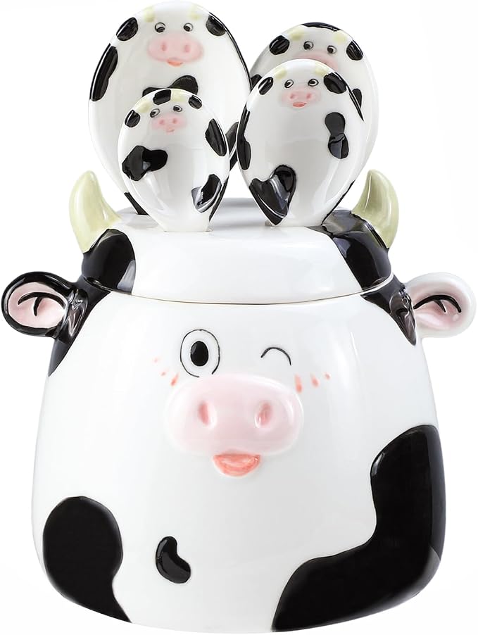 Sizikato 4pcs Porcelain Measuring Spoons with Base, Cow Shaped Ceramic Measuring Spoon Set