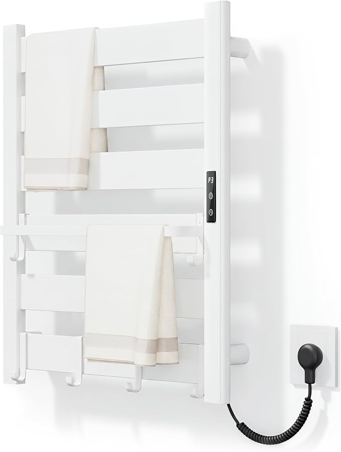 6-Bar Wall-Mounted Heated Towel Rack – Fast PTC Heating in 6 Minutes, Adjustable Temperature & Timer, Space Aluminum, Matte White, Large Capacity Blanket Warmer,Towel Warmer for Family Bathrooms