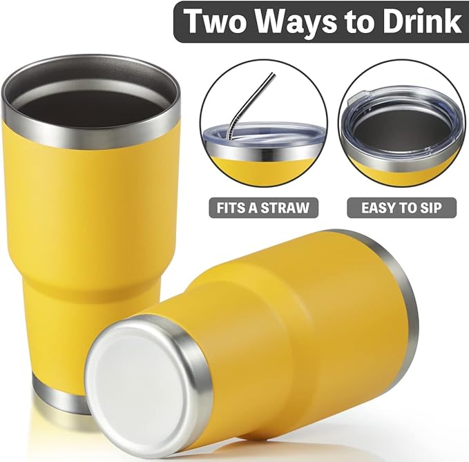 MEWAY 30oz Insulated Tumbler With Lids and Straws,Stainless Steel Double Vacuum Coffee Tumbler Cup, Brush, Durable Powder Coated Coffee Cup for Cold & Hot Drinks, Office, Travel(Yellow,4 PACK)
