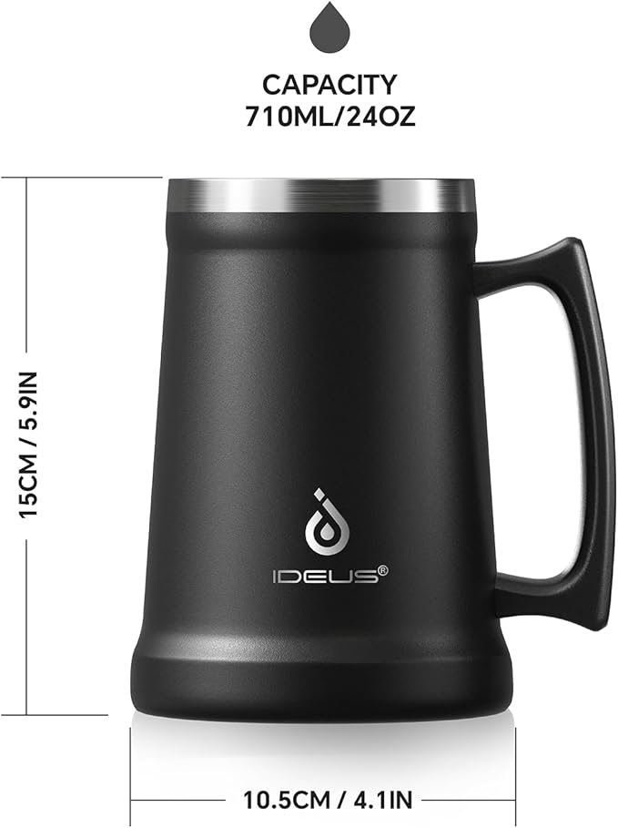 Ideus Insulated Beer Stein, 24/32oz Stainless Steel Double Walled Beer Mug Giant Bar Drinkware Metal Beer Cup with Big Grip Handle (Black, 24 ounces (710ml))