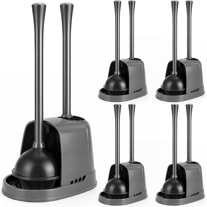 Reallnaive 4 Set Toilet Plunger and Brush Set with Ventilated Holder 2 in 1 Toilet Bowl Brush and Heavy Duty Plunger Combo Bathroom Cleaning Kit for Home and Commercial Bathrooms Drainage (Gray)