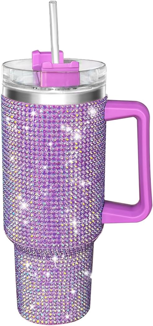 HWISDMIG 40oz Tumbler with Handle-Glitter Rhinestones Tumbler Bling Cups Stainless Steel Water Bottle Diamond Studded Tumbler for Women-Birthday Gifts for Women, Mom, Wife, Girlfriend (40 oz,Lilac)