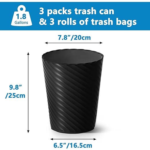 Lysam Bathroom Trash Can, 3 Pack 1.8 Gallons Small Trash Can with Trash Bags, Bathroom Garbage Can, Plastic Trash Bin, Round Waste Basket for Bedroom, Office, Kitchen, Room, Compact Space (Black)