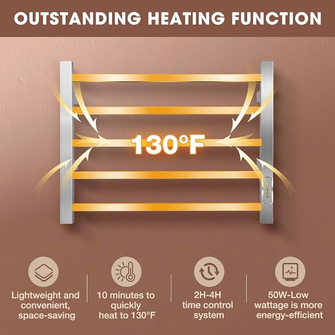 Towel Warmer Rack, Heated Towel Racks for Bathroom Wall Mounted 5 Bar Stainless Steel Warmers Rack, Plug-in, Built-in Timer, Fast Heating, Brushed Nickel