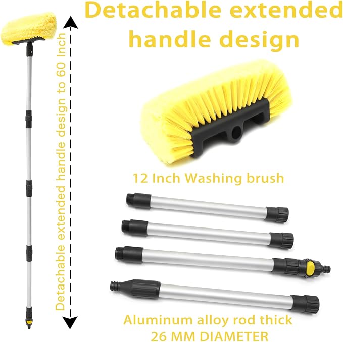 60" Car Wash Brush with Long Handle, Yellow | Soft Bristle, Extendable Handle, For Car SUV Truck Caravan Boat, Solar Panel House Siding, Sweep Snow