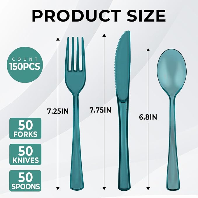 150 PCS Plastic Silverware Disposable Silverware Heavy Duty Utensil Sets 50 Of Each Forks Knives & Spoons Disposable Cutlery Set For Easter,Birthday,Baby Shower,Garden Party,Wedding(150,Green)