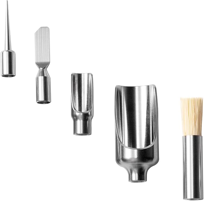 5Pcs tool kit including metal poker,scraper,mini scoop,large scoop,brush,crafted from SS304 with detachable wooden handles storage bag for versatile use sugar salt powder spices and cleaning