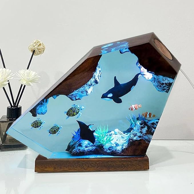Orca Ocean Resin Lamp, Handmade Wooden Table Resin Night Light, USB Port Art Ornaments for Home Office Decor, Scuba Diver Gifts for Holiday, Unique Birthday Gifts for Mom Grandma Brother Sister