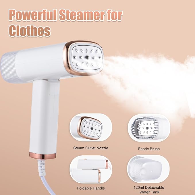 Steamer for Clothes 1000W Powerful Foldable Handheld Garment Steamer for Clothes and Fabrics 120ml Large acity Water Tank 20s Fast Heating Strong Penetrating Portable Wrinkles Remover Steam Iron