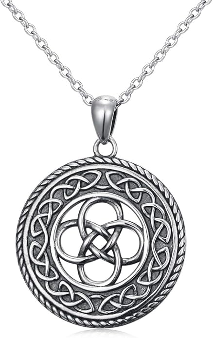 DAOCHONG 925 Sterling Silver Jewelry Oxidized Good Luck Irish Knot Celtic Medallion Round Pendant Necklace, 20 inch