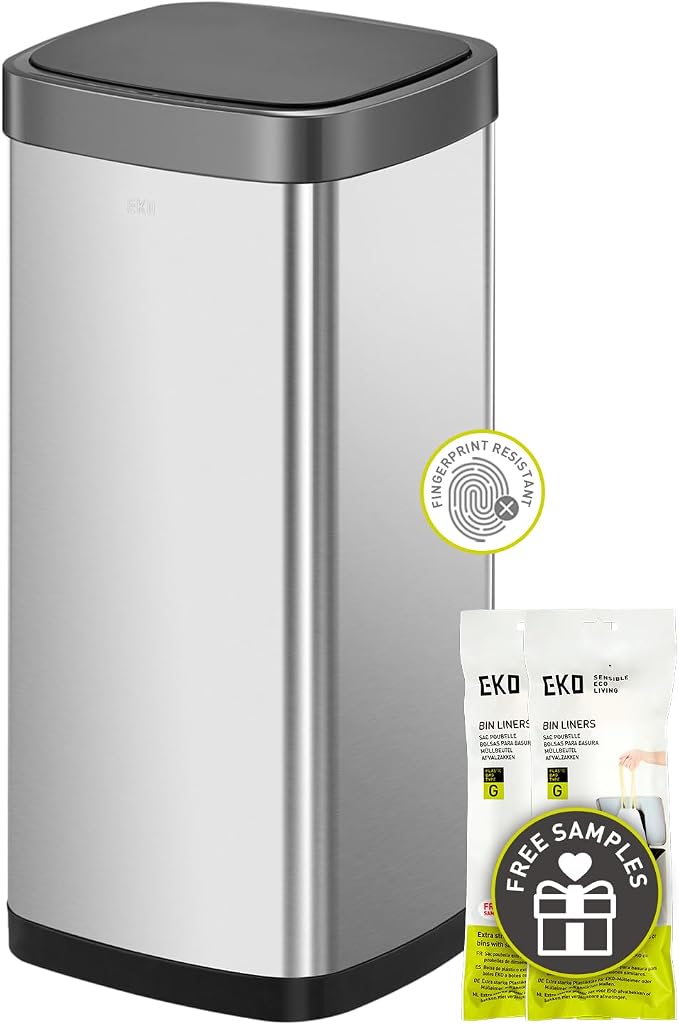 EKO EcoSmart Tall and Large Kitchen Trash Can, 80L/21.1G High Capacity, Touchless Soft Square Motion & Easy-Dispense Roll of 60 Count Extra-Strong Drawstring Kitchen Trash Bags - 21 Gallon