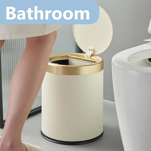 2Pack Automatic Bathroom Trash Can, Touchless Motion Sensor Garbage Can with Lid, Smart Dog Proof Trash Bin, Plastic Wastebasket for Bedroom, Office, Living Room, 2.8 Gallon+3.7 Gallon (Cream White)