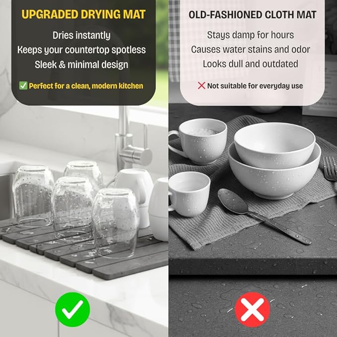 Large Stone Dish Drying Mat for Kitchen Counter, 24"×16" Foldable Fast Drying Diatomaceous Earth Mat, Super Absorbent Stone Drying Pad for Dishes, Cups, Bottles (Grey Marble)