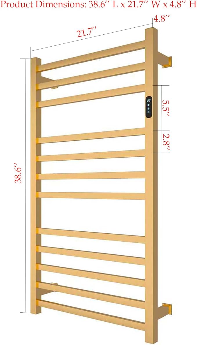 Luxury Heated Towel Rack for Bathroom, Wall Mounted Electric Towel Warmer Racks with Timer & Temperature Multi-Level Adjustable, 12 Bar Stainless Steel Towel Heater for Bathroom (Brushed Gold)