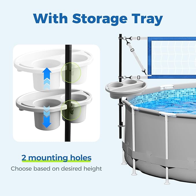 Above Ground Pool Volleyball Net Set with Storage Tray – Adjustable 10-20FT Anti-Sag Net, Poles, Ball & Installation Accessories – Fun Outdoor Swimming Water Games for Kids Adults Family
