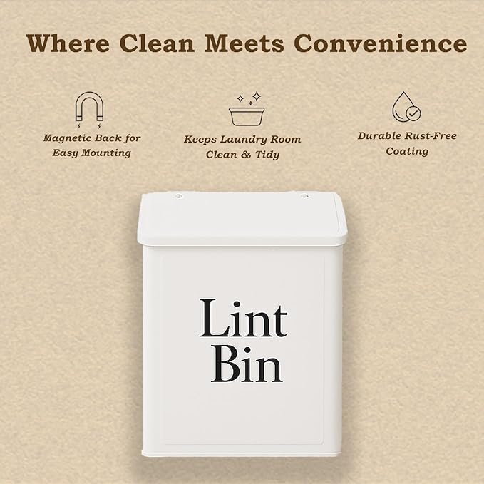 Magnetic Lint Bin for Laundry Room Organization & Storage, Wall-Mounted Dryer Lint Bin Trash Can with Lid, Lint Box Includes Brush, 2 White Hooks, 1 Black Hook, Screws & Magnet Glue (White)