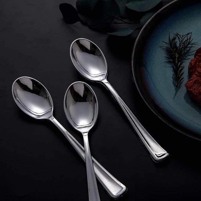 Liacere 200PCS Silver Plastic Spoons - Heavy Duty Disposable Spoons - dessert Spoons for Wedding & Party & New Year & Valentine's Day& Christmas