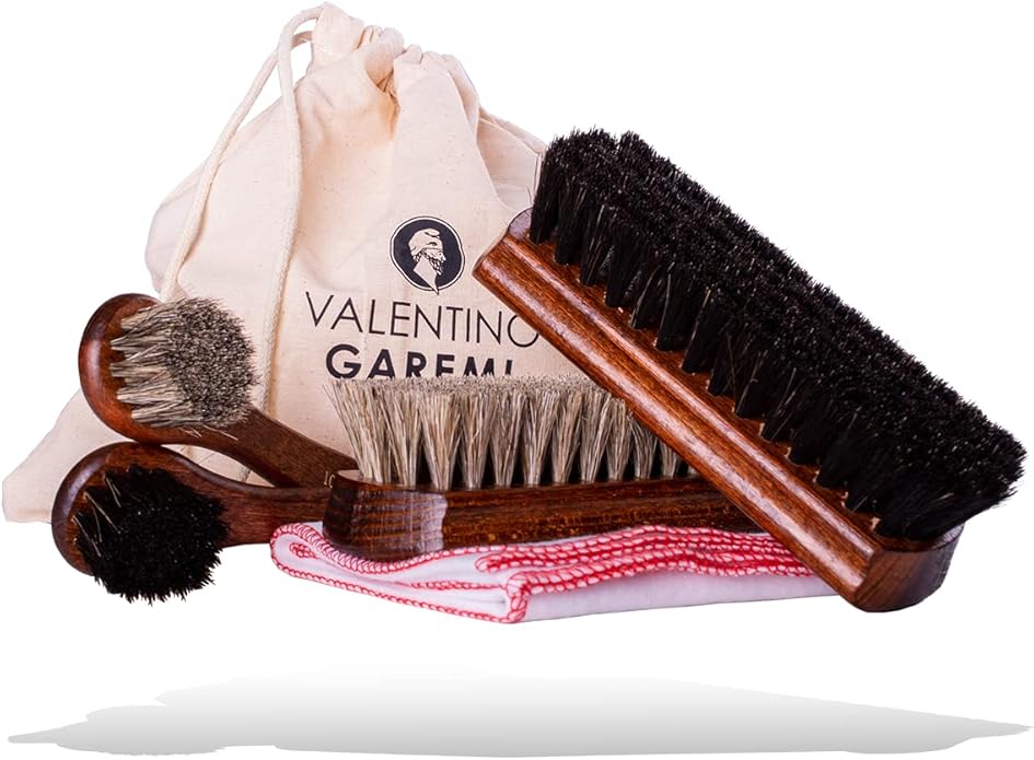 Shoe Care Kit – 6 Piece Set with Horsehair Brushes, Applicators & Cotton Cloth – Leather Shoe Cleaning & Polishing Kit – Made in Germany