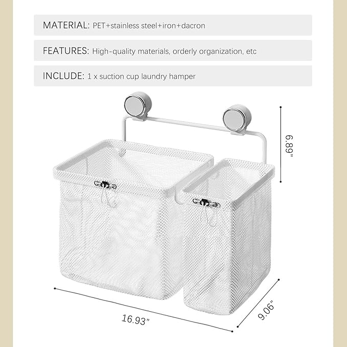 Suction Cup Mesh Laundry Hamper Wall Mounted Collapsible Clothes Organizer Removable Storage Bags for Bathroom Lavatory