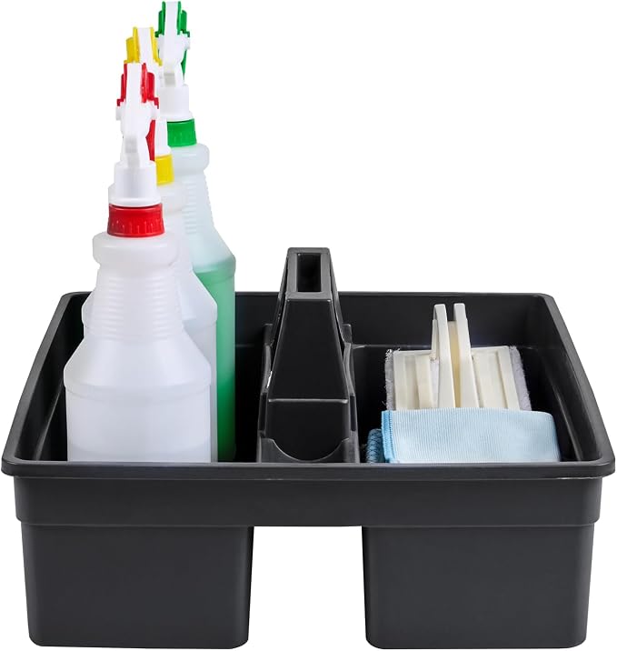 Restaurantware-RW Clean 15.2 x 13.2 x 6.7 Inch Cleaning Caddy, 1 Triple Compartment Cleaning Supply Caddy - With Handle, Crack-Resistant, Black Plastic Cleaning Basket, For Cleaning Supplies,