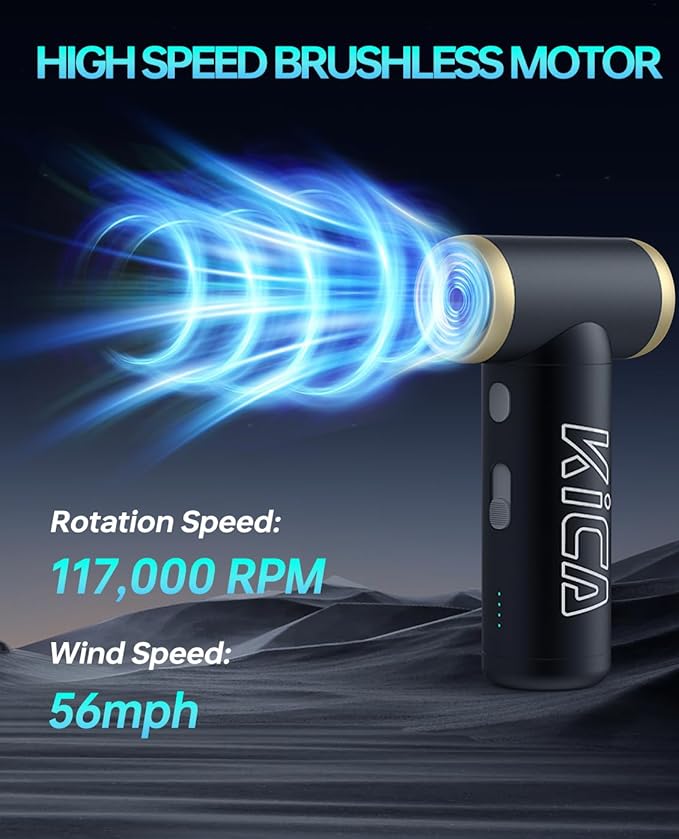 KiCA Jet Fan 2S Electric Air Duster - 117000RPM High-Speed Portable Turbo Fan, Aluminum Alloy Mini Jet Blower, Stepless Speed Cordless Air Duster for PC Keyboard, Car Detailing & Camping (Black)