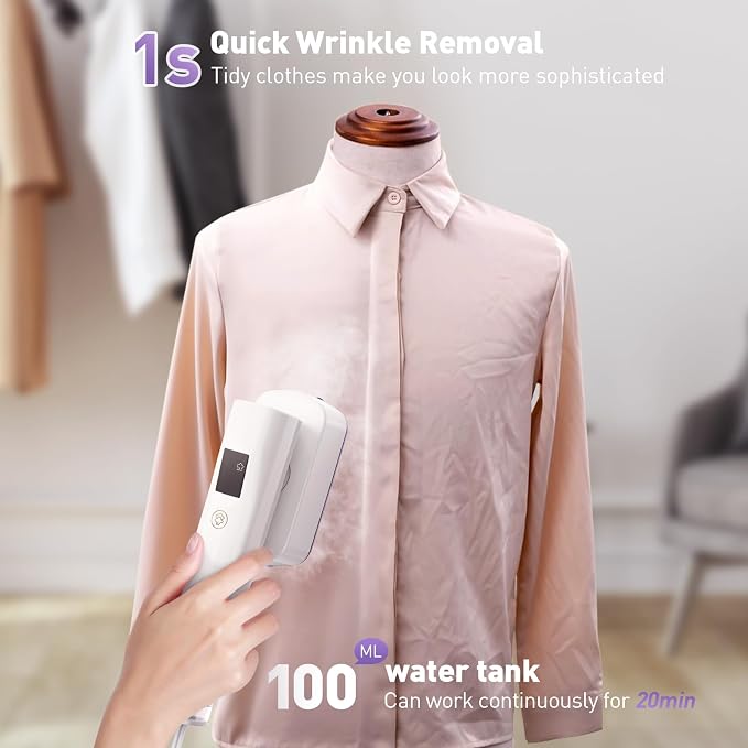 Portable Clothes Steamer, 1300W, 1.54 lbs Light, 3 Steam Levels, 20 Min Continuous Steam, Powerful Wrinkle Removal for Travel, Office, Home (110-120V)
