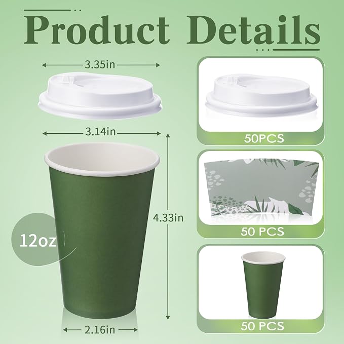 Zopeal 50 Pack Dark Green 12 oz Disposable Coffee Cups with Lids and Sleeves, Paper Hot Travel Cups for Beverages, Wedding, Baby Shower, Office and Party Supplies