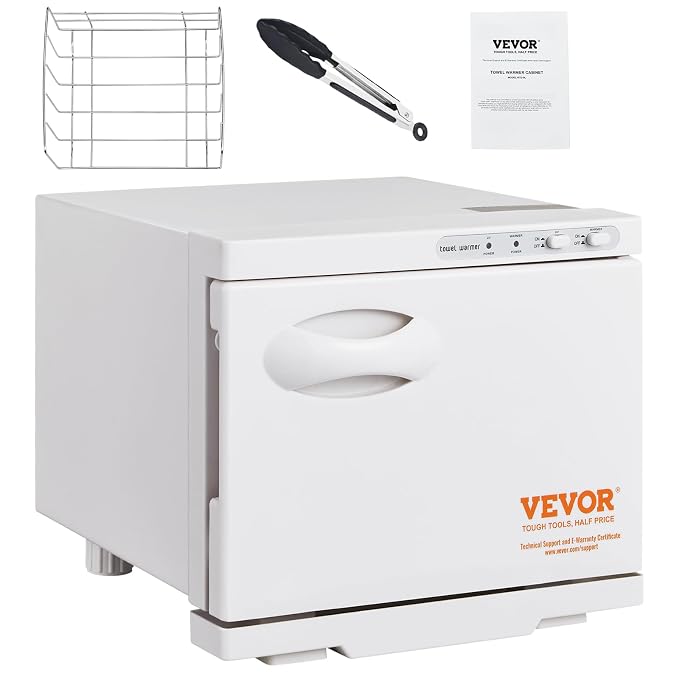 VEVOR Hot Towel Warmer, 8L Small Towel Warmer Cabinet with Clip & Stainless Steel Rack, Holds up 12 Towels, Portable All-Round Heating Cabinet for Spa, Barber, Manicures, Massage, Salon, White