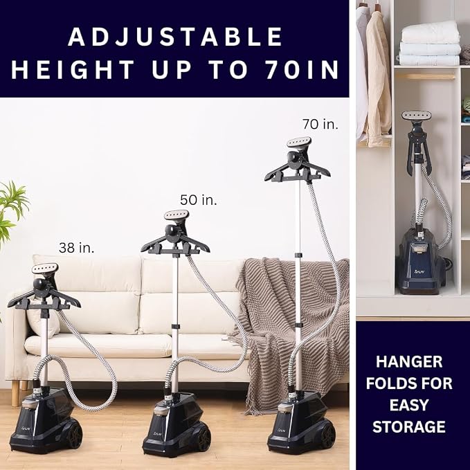 SALAV Commercial-Grade Standing Garment Steamer for Clothes with Auto-Off Safety 1800W Powerful Steam X-Large 3L Water Tank, 90-Min Continuous Use, Pedal-Control System, Beeps when Out of Water, Navy
