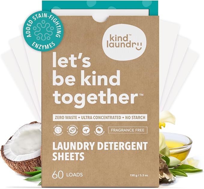 Kind Laundry Detergent Sheets - 60 Loads Fragrance Free, EWG Verified, No Residue After Wash, Eco Plastic-Free Liquidless Laundry Soap, Non-Toxic Formula, for Sensitive Skin, Travel & Dorm Friendly