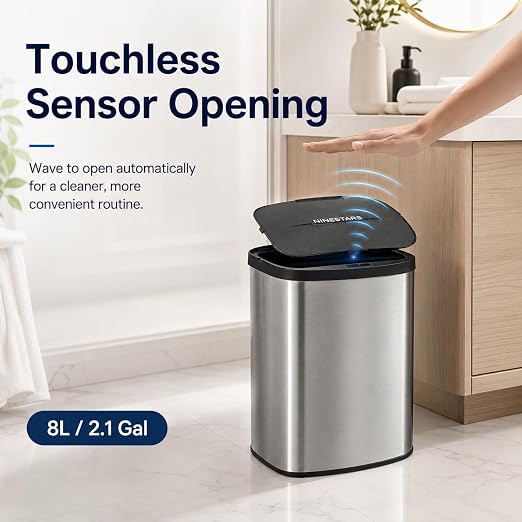 DZT-8-1 8L Stainless Steel Smart Trash Can with Motion Sensor | Touchless Auto-Open Lid | Compact Countertop Waste Bin for Bathroom, Kitchen & Office | Quiet Soft-Close | Battery Powered