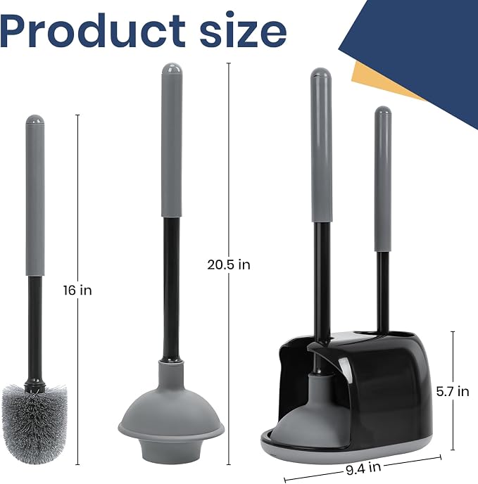 Toilet Bowl Brush and Plunger Set with Toilet Cleaner Brushes and Heavy Duty Plunger Long Handle for Essential Bathroom Scrubber Cleaning
