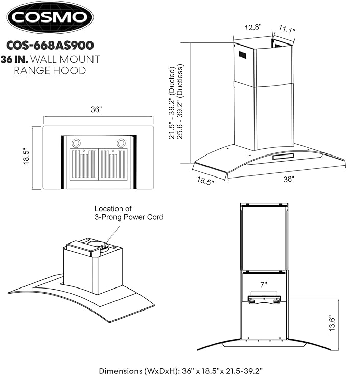 COSMO COS-668AS900 36 in. Vista Collection 380 CFM Ducted Wall Mount Range Hood, Touch Controls, LED Lights, Stainless Steel