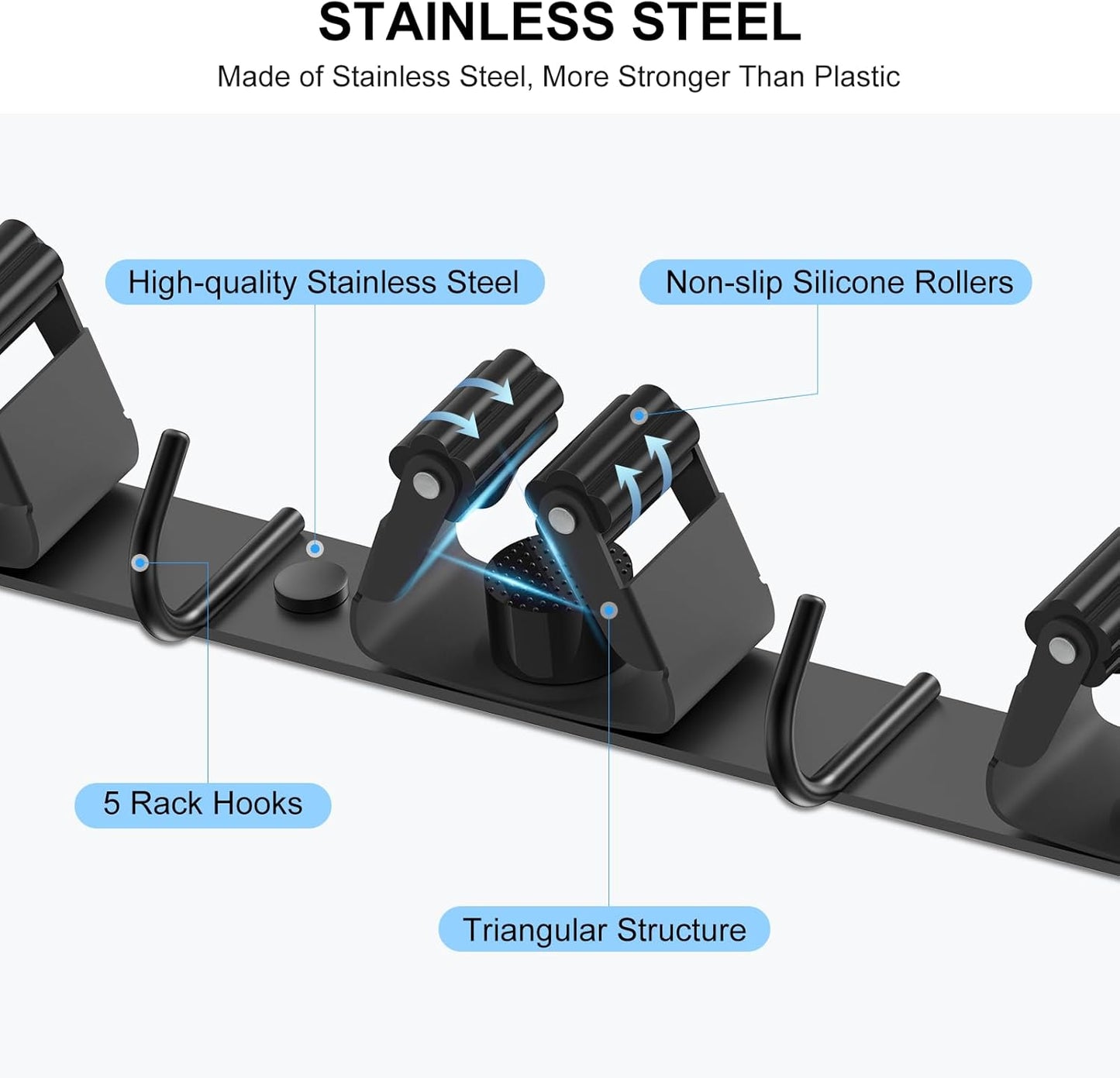 nacena Broom holder Wall Mount, 2-Pack Black Stainless Steel Self-Adhesive Mop and Broom Hooks Heavy Duty Broom and Mop Storage Rack laundry room organization for Kitchen Garden garage